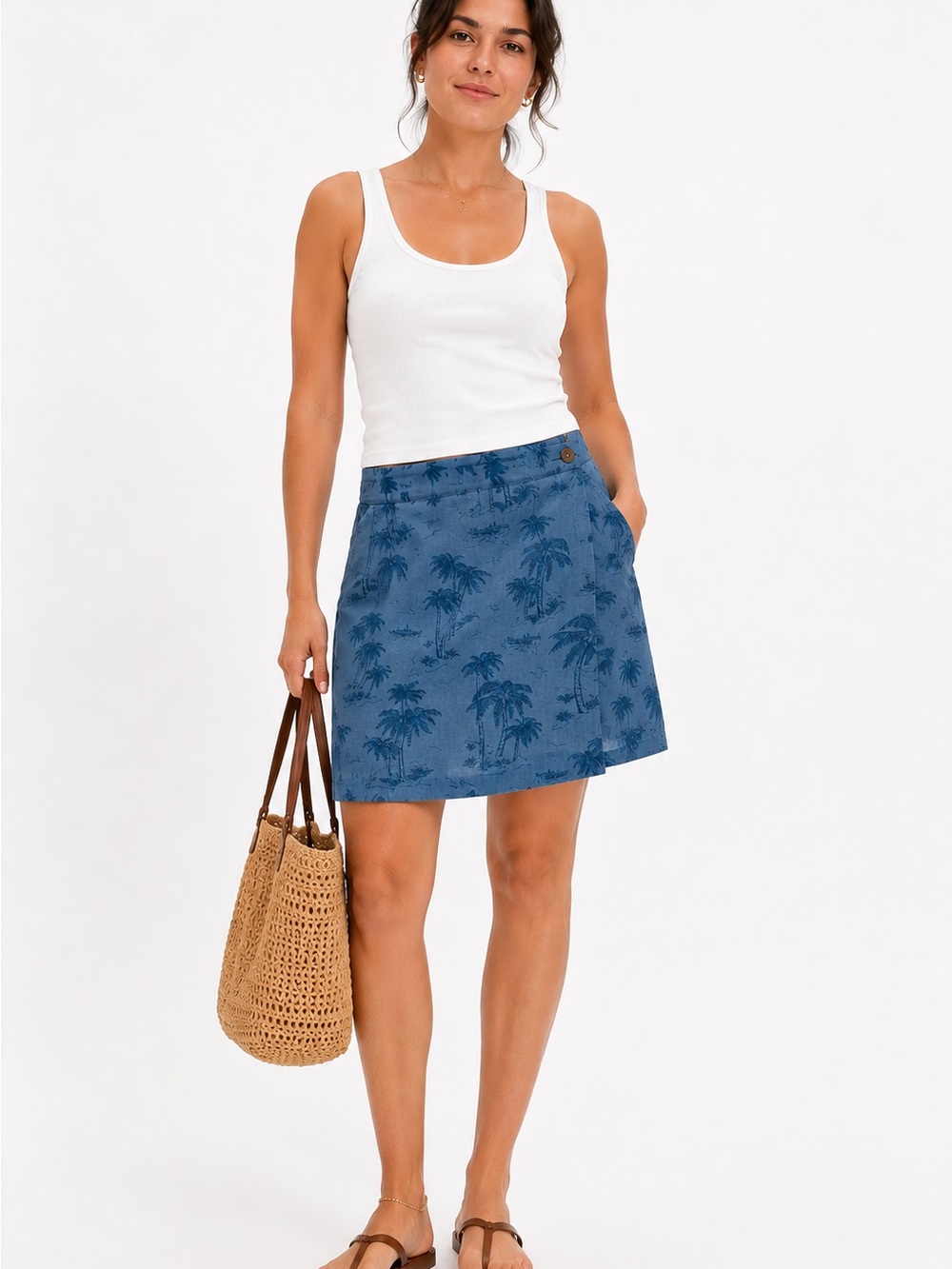 Liz Claiborne LizWear Petite Palm Tree Print Skort Blue Cotton Wrap Front 8P